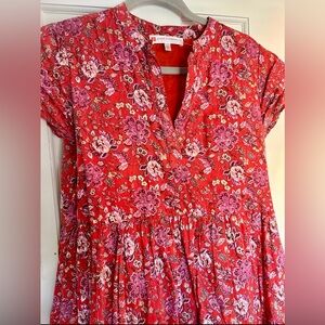 Tuckernuck Jude Connally Red Floral Tiered Mini Dress XS Cotton Voile